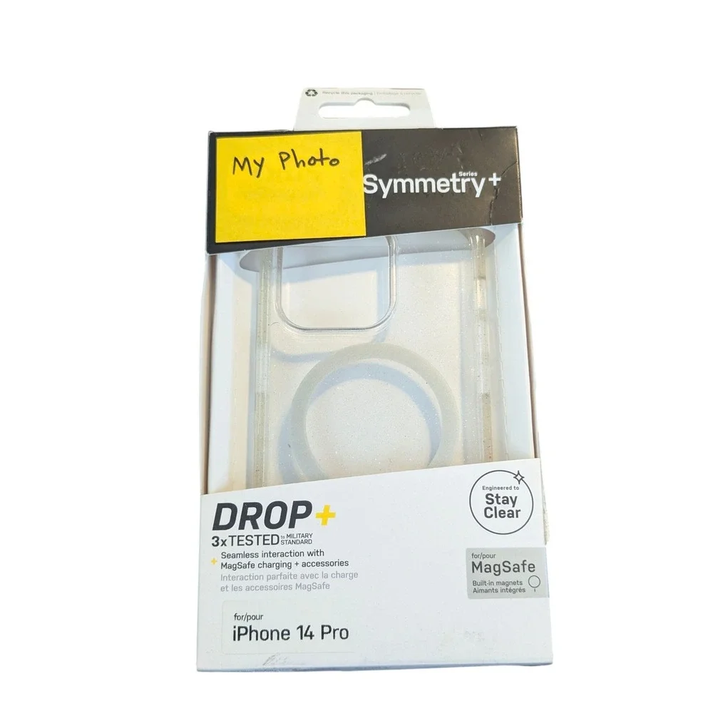 1R3N‎ Apple iPhone 14 Pro case by OtterBox Sym.+ Series W/Magsafe, clear/glitter
